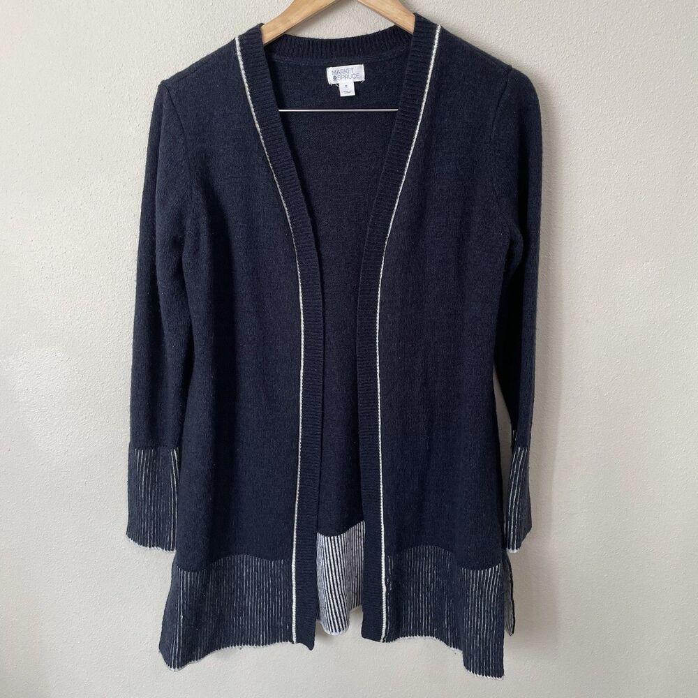 Market & Spruce Womens XL Open Front Cardigan Blue White Wool Blend Sweater